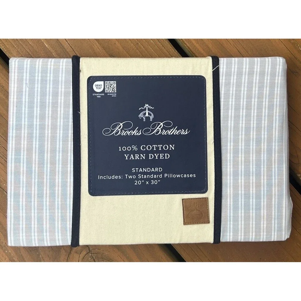 Brooks Brothers Two Standard Pillowcases Gray White Striped Cotton Yarn Dyed New